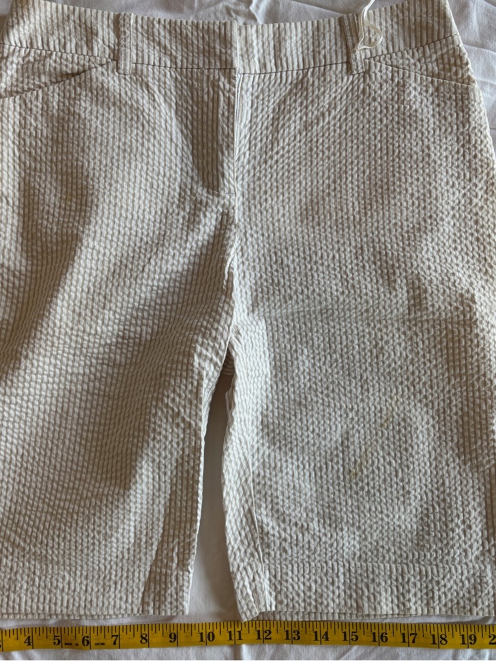 Jones New York Cream and White Striped Seersucker Shorts